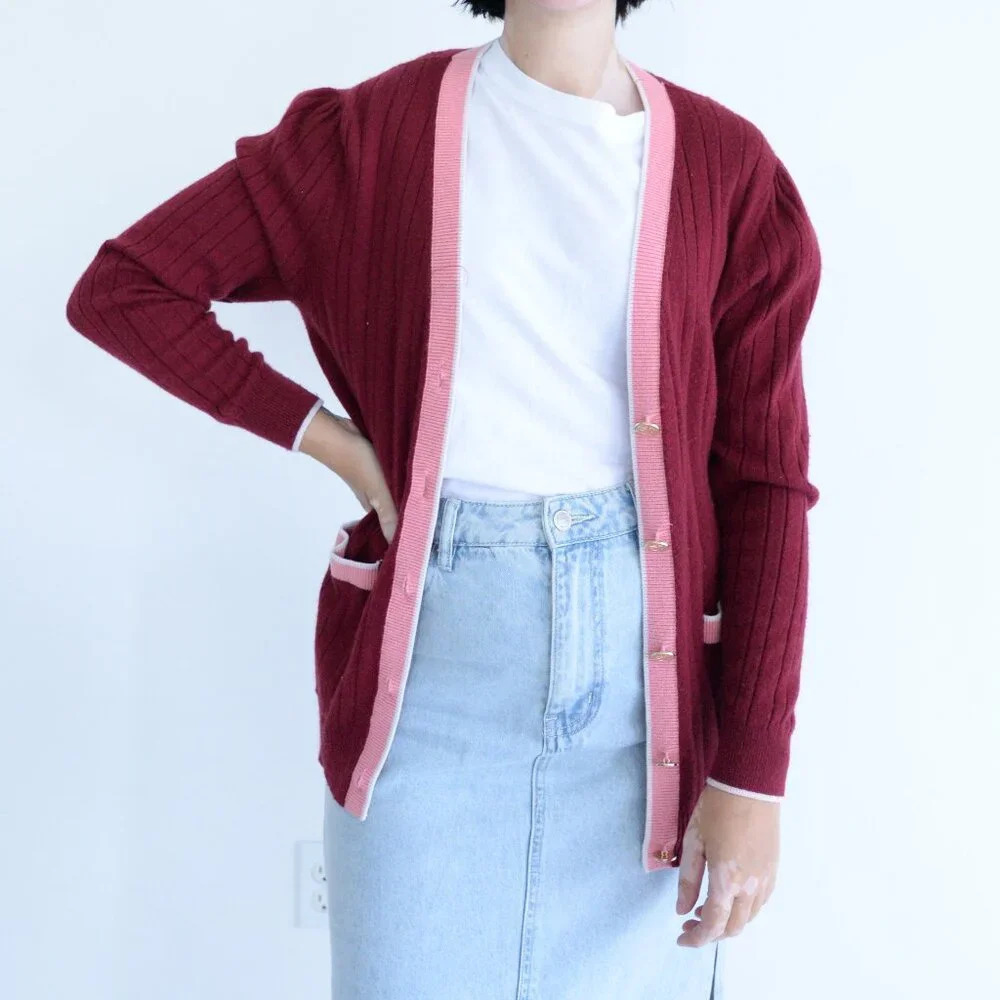 Draper James Maroon Pink 4% Cashmere 20% Wool Gold Button Up Cardigan Sweater S